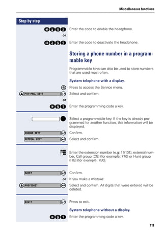 Miscellaneous functions
111
Step by step
qhmf Enter the code to enable the headphone.
or
rhmf Enter the code to deactivate the headphone.
Storing a phone number in a program-
mable key
Programmable keys can also be used to store numbers
that are used most often.
System telephone with a display.
Press to access the Service menu.
Select and confirm.
or
qme Enter the programming code a key.
Select a programmable key. If the key is already pro-
grammed for another function, this information will be
displayed.
Confirm.
Select and confirm.
p Enter the extension number (e.g: 11/101), external num-
ber, Call group (CG) (for example: 770) or Hunt group
(HG) (for example: 780).
Confirm.
or If you make a mistake:
Select and confirm. All digits that were entered will be
deleted.
Press to exit.
System telephone without a display.
qme Enter the programming code a key.
*91=PRG. KEY?
CHANGE KEY?
REPDIAL KEY?
SAVE?
PREVIOUS?
EXIT?
 