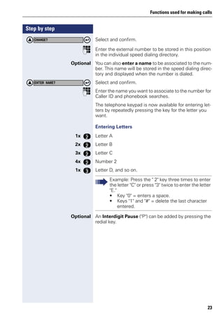 Functions used for making calls
23
Step by step
Select and confirm.
p Enter the external number to be stored in this position
in the individual speed dialing directory.
Optional You can also enter a name to be associated to the num-
ber. This name will be stored in the speed dialing direc-
tory and displayed when the number is dialed.
Select and confirm.
p Enter the name you want to associate to the number for
Caller ID and phonebook searches.
The telephone keypad is now available for entering let-
ters by repeatedly pressing the key for the letter you
want.
Entering Letters
1x f Letter A
2x f Letter B
3x f Letter C
4x f Number 2
1x g Letter D, and so on.
Optional An Interdigit Pause ("P") can be added by pressing the
redial key.
CHANGE?
ENTER NAME?
Example: Press the " 2" key three times to enter
the letter "C" or press "3" twice to enter the letter
"E."
• Key "0" = enters a space.
• Keys "1" and "#" = delete the last character
entered.
 