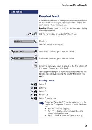 Functions used for making calls
25
Step by step
Phonebook Search
A Phonebook Search or and alphanumeric search allows
an extension to look up a person’s number by the per-
son’s name when making a call.
Required: Names must be assigned to the speed dialing
numbers recorded.
n or Lift the handset or press the SPEAKER key.
Confirm.
The first record is displayed.
Select and press to go to another record.
or
Select and press to go to another record.
or
p Enter the name you want to select or the first letters of
the name. The name is searched.
The telephone keypad is now available for entering let-
ters by repeatedly pressing the key for the letter you
want.
Entering Letters
1x f Letter A
2x f Letter B
3x f Letter C
4x f Number 2
1x g Letter D, and so on.
DIRECTORY?
SCROLL NEXT?
SCROLL PREV?
Example: Press the " 2" key three times to enter
the letter "C" or press "3" twice to enter the letter
"E."
• Key "0" = enters a space.
• Key "1" = displays the first record on the
speed dialing directory.
• Keys "*" and "#"= do not mean anything
 