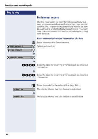 Step by step
Functions used for making calls
30
For Internet access
The line reservation for the Internet access feature al-
lows an extension to have exclusive access to a specific
external line. The remaining extensions will not be able
to use this line while this feature is activated. This, how-
ever, does not prevent the line from receiving incoming
calls as usual.
Enter reservation/remove reservation of a line
Press to access the Service menu.
Select and confirm.
or
or
qhmg Enter the code for reserving or removing an external line
reservation.
or
rhmg Enter the code for reserving or removing an external line
reservation.
p Enter the code for the external line (e.g., 801).
The display shows that this feature is activated.
or
The display shows that this feature is deactivated.
MORE FEATURES ?
*493=INTERNET?
#493=NET ONOFF?
INTERNET ON
INTERNET OFF
 