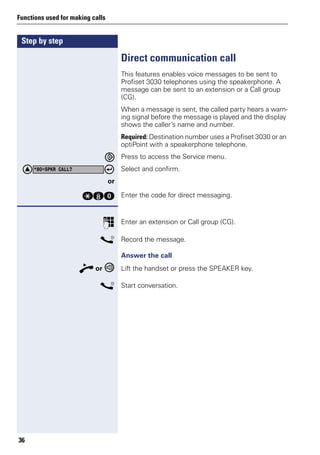 Step by step
Functions used for making calls
36
Direct communication call
This features enables voice messages to be sent to
Profiset 3030 telephones using the speakerphone. A
message can be sent to an extension or a Call group
(CG).
When a message is sent, the called party hears a warn-
ing signal before the message is played and the display
shows the caller’s name and number.
Required: Destination number uses a Profiset 3030 or an
optiPoint with a speakerphone telephone.
Press to access the Service menu.
Select and confirm.
or
qld Enter the code for direct messaging.
p Enter an extension or Call group (CG).
s Record the message.
Answer the call
n or Lift the handset or press the SPEAKER key.
s Start conversation.
*80=SPKR CALL?
 