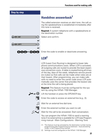 Functions used for making calls
37
Step by step
Handsfree answerback1
The called extension receives an alert tone. the call us-
ing the speakerphone is established immediately after
this tone is received.
Required: A system telephone with a speakerphone at
the destination number.
Select and confirm.
or
or
qmjor rmj Enter the code to enable or deactivate answering.
LCR2
LCR (Least Cost Routing) is designed to lower tele-
phone communications costs. When LCR is activated,
all outgoing calls are routed to provide the least expen-
sive connection costs. A table is created listing all times
of the day, days of the week, telephone service provid-
ers (rules) so that calls can be made when rates are at
their lowest. After programming, you can make calls
with no need to enter the carrier code since LCR auto-
matically uses the carrier that provides the lowest rate
at the time the call is being placed.
Required: This feature must be configured for the sys-
tem by using the HiPath 1100 Manager.
n or Lift the handset or press the SPEAKER key.
p Enter the code to access an external line (e.g., 0).
w Wait for an external line dial tone.
p Enter the external number you want to call.
w s Wait for the call to be answered. Start conversation.
You can program the HiPath 1100 to send a warning
tone if no external line is available for LCR (see Program-
ming manual - Main Configurations - Warning Tone
[1] This feature must be activated by the destination number during
programming (see Programming an extension - Auto-answering
mode, in the Programming manual).
HFA ON?
HFA OFF?
[2] Settings must be configured on the HiPath 1100 Manager.
 