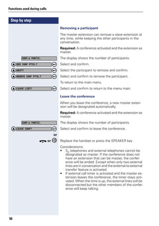 Step by step
Functions used during calls
50
Removing a participant
The master extension can remove a slave extension at
any time, while keeping the other participants in the
conversation.
Required: A conference activated and the extension as
master.
The display shows the number of participants.
Select and confirm.
Select the participant to remove and confirm.
Select and confirm to remove the participant.
To return to the main menu
Select and confirm to return to the menu main.
Leave the conference
When you leave the conference, a new master exten-
sion will be designated automatically.
Required: A conference activated and the extension as
master.
The display shows the number of participants.
Select and confirm to leave the conference.
or
t or Replace the handset or press the SPEAKER key
Considerations:
• S0 telephones and external telephones cannot be
designated as master. If the conference does not
have an extension that can be master, the confer-
ence will be ended. Except when only two external
lines are in conversation and the external-to-external
transfer feature is activated.
• If external call timer is activated and the master ex-
tension leaves the conference, the timer stays acti-
vated. When the time is up, the external lines will be
disconnected but the other members of the confer-
ence will keep talking.
CONF:n PARTIC.
SEE CONF PTYS.?
NEXT?
REMOVE CONF PTYS.?
LEAVE LIST?
CONF:n PARTIC.
LEAVE CONF?
 