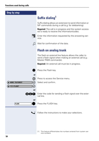 Step by step
Functions used during calls
54
Suffix dialing1
Suffix dialing allows an extension to send information or
MF commands during a call (e.g: for telebanking).
Required: The call is in progress and the system access-
ed is ready to receive the information/codes.
p Enter the information requested by the answering ser-
vice.
w Wait for confirmation of the data.
Flash on analog trunk
The flash on external line feature allows the caller to
send a flash signal when making an external call (e.g.:
Master PABX commands).
Required: An external call must be in progress.
d Press the Flash key.
or
Press to access the Service menu.
Select and confirm.
or
qie Enter the code for sending a flash signal over the exter-
nal line.
or
Press the FLASH key.
s Follow the instructions to make your selections.
[1] This feature differentiates the numbers entered from system ser-
vice numbers.
MORE FEATURES?
*51=FLASH?
FLASH
 