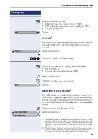 Functions used when receiving calls
61
Step by step
p Enter the number for the
1. Extension you want to call (e.g., 11/101).
2. UCD subscriber group for voice mail (e.g., 790).
3. Call group (e.g 770)
Confirm.
External1
The external call forwarding feature allows calls made to
a specific extension to be forwarded to an external
number.
Select and confirm.
or
qee Enter the code for call forwarding.
p Enter the number for accessing an external line:
1. For example, 0;
2. A group of external lines (e.g., 890).
w Wait for a dial tone.
p Enter the number you want to call.
Confirm.
When there is no answer2
The call forward no answer feature allows rerouting a
call made to a specific extension to another extension,
a voice mail subscriber group or an external number, af-
ter a specified timeout that can be pre-programmed or
if busy.
Press to access the Service menu.
Select and confirm.
SAVE?
[1] Call forwarding on an analog line times out after 5 minutes of con-
versation. Call forwarding does not take place when the external
destination number is busy. When a call is forwarded by the inter-
nal entrance telephone, it is disconnected after 1 minute of conver-
sation.
FWD ON ?
SAVE?
[2] The call rings at the destination extension until the preset timeout
expires (see Programming manual, Programming an extension -
call forward no answer) or is forwarded immediately if busy.
MORE FEATURES?
*14=CFNR ON?
 