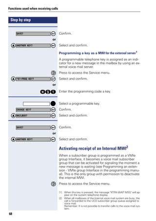Step by step
Functions used when receiving calls
68
Confirm.
or
Select and confirm.
Programming a key as a MWI for the external server1
A programmable telephone key is assigned as an indi-
cator for a new message in the mailbox by using an ex-
ternal voice mail server.
Press to access the Service menu.
Select and confirm.
or
qme Enter the programming code a key.
Select a programmable key.
Confirm.
Select and confirm.
Confirm.
or
Select and confirm.
Activating receipt of an Internal MWI2
When a subscriber group is programmed as a VMIe
group Interface, it becomes a voice mail subscriber
group that can be activated for signaling the moment a
new message is waiting (see Programming an exten-
sion - VMIe group Interface in the programming manu-
al). This is the only group with permission to deactivate
the internal MWI.
Press to access the Service menu.
SAVE?
ANOTHER KEY?
[1] When this key is pressed, the message "XTRN WAIT MSG" will ap-
pear on the system telephone display.
*91=PROG KEY?
CHANGE KEY?
MAILBOX?
SAVE?
ANOTHER KEY?
[2] When all mailboxes of the Internal voice mail system are busy, the
call is forwarded to the UCD subscriber group queue assigned to
voice mail.
Remember: It is not possible to transfer calls to the voice mail sys-
tem.
 