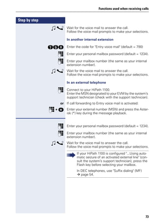 Functions used when receiving calls
73
Step by step
w s Wait for the voice mail to answer the call.
Follow the voice mail prompts to make your selections.
In another internal extension
kmd Enter the code for "Entry voice mail" (default = 790)
p Enter your personal mailbox password (default = 1234).
p Enter your mailbox number (the same as your internal
extension number).
w s Wait for the voice mail to answer the call.
Follow the voice mail prompts to make your selections.
In an external telephone
p Connect to your HiPath 1100.
Enter the MSN designated to your EVM by the system’s
support technician (check with the support technician).
or If call forwarding to Entry voice mail is activated:
p + q Enter your external number (MSN) and press the Aster-
isk (*) key during the message playback.
p Enter your personal mailbox password (default = 1234).
p Enter your mailbox number (the same as your internal
extension number).
w s Wait for the voice mail to answer the call.
Follow the voice mail prompts to make your selections.
If your HiPath 1100 is configured "...Using auto-
matic seizure of an activated external line" (con-
sult the system’s support technician), press the
Flash key before selecting your mailbox.
In DEC telephones, use "Suffix dialing" (MF)
page 54.
 