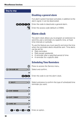 Step by step
Miscellaneous functions
90
Disabling a general alarm
If an alarm system has been activated, in addition to the
alarm signal, it can be deactivated.
rmheh Enter the code to deactivate a general alarm.
p Enter the access code (default is 31994).
Alarm clock
The alarm clock allows you to program an extension to
send the user a reminder at a specific time, at fixed
time intervals or cyclically.
To use this feature you must specify and store the time
when the reminders alerts should be sent. Time alerts
can be set for:
• Daily reminders
• Daily except weekends
• A reminder after a specified period of time
• A reminder for a specific date
Scheduling Time Reminders
Press to access the Service menu.
Select and confirm.
or
qhj Enter the code to set the alarm clock.
Select and press to confirm the type of scheduled time
reminder you want.
or
or
or
or
e or f or g or h Enter an option.
*46=ALARM ON?
1= DAILY?
2=NOT WEEKEND
3=AFT TIMEOUT
4=SPEC DAY
 