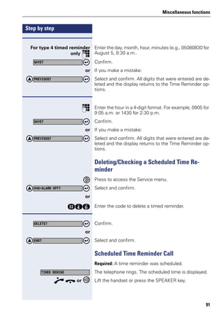 Miscellaneous functions
91
Step by step
For type 4 timed reminder
only p
Enter the day, month, hour, minutes (e.g., 05080830 for
August 5, 8:30 a.m..
Confirm.
or If you make a mistake:
Select and confirm. All digits that were entered are de-
leted and the display returns to the Time Reminder op-
tions.
p Enter the hour in a 4-digit format. For example, 0905 for
9:05 a.m. or 1430 for 2:30 p.m.
Confirm.
or If you make a mistake:
Select and confirm. All digits that were entered are de-
leted and the display returns to the Time Reminder op-
tions.
Deleting/Checking a Scheduled Time Re-
minder
Press to access the Service menu.
Select and confirm.
or
rhj Enter the code to delete a timed reminder.
Confirm.
or
Select and confirm.
Scheduled Time Reminder Call
Required: A time reminder was scheduled.
The telephone rings. The scheduled time is displayed.
n t or Lift the handset or press the SPEAKER key.
SAVE?
PREVIOUS?
SAVE?
PREVIOUS?
#46=ALARM OFF?
DELETE?
END?
TIMED REMIND
 