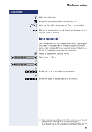 Miscellaneous functions
93
Step by step
w Wait for a dial tone.
p Enter the external number you want to call.
w s Wait for the call to be answered. Start conversation.
t Once the handset is on-hook, the extension can use its
regular class of service.
Data protection1
The data protection feature prevents audio signals gen-
erated by the system from affecting data equipment
connected to the extension, such as faxes, modems, In-
ternet connections or answering machines.
Press to access the Service menu.
Select and confirm.
or
or
qhmd Enter the code to enable data protection.
or
rhmd Enter the code to deactivate data protection.
[1] Data protection cannot be activated if the extension is configured
as an overflow extension or as an attendant console.
If the extension is an MSN attendant console and enables this fea-
ture, external calls will be forwarded to an overflow extension.
*490=CW TRM ON?
#490=CW TRM OFF?
 