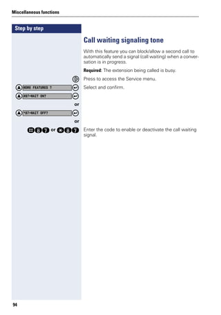 Step by step
Miscellaneous functions
94
Call waiting signaling tone
With this feature you can block/allow a second call to
automatically send a signal (call waiting) when a conver-
sation is in progress.
Required: The extension being called is busy.
Press to access the Service menu.
Select and confirm.
or
or
rlk or qlk Enter the code to enable or deactivate the call waiting
signal.
MORE FEATURES ?
#87=WAIT ON?
*87=WAIT OFF?
 