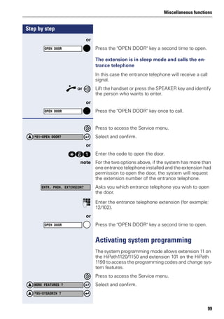 Miscellaneous functions
99
Step by step
or
Press the "OPEN DOOR" key a second time to open.
The extension is in sleep mode and calls the en-
trance telephone
In this case the entrance telephone will receive a call
signal.
n or Lift the handset or press the SPEAKER key and identify
the person who wants to enter.
or
Press the "OPEN DOOR" key once to call.
Press to access the Service menu.
Select and confirm.
or
qje Enter the code to open the door.
note For the two options above, if the system has more than
one entrance telephone installed and the extension had
permission to open the door, the system will request
the extension number of the entrance telephone.
Asks you which entrance telephone you wish to open
the door.
p Enter the entrance telephone extension (for example:
12/102).
or
Press the "OPEN DOOR" key a second time to open.
Activating system programming
The system programming mode allows extension 11 on
the HiPath1120/1150 and extension 101 on the HiPath
1190 to access the programming codes and change sys-
tem features.
Press to access the Service menu.
Select and confirm.
OPEN DOOR
OPEN DOOR
*61=OPEN DOOR?
ENTR. PHON. EXTENSION?
OPEN DOOR
MORE FEATURES ?
*95=SYSADMIN ?
 