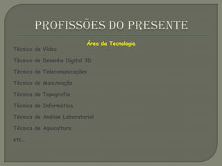 PROFISSÕES DO PRESENTEÁrea da TecnologiaTécnico de Vídeo  Técnico de Desenho Digital 3DTécnico de TelecomunicaçõesTécnico de ManutençãoTécnico de TopografiaTécnico de InformáticaTécnico de Análise LaboratorialTécnico de Aquiculturaetc…