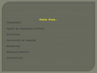 Outras  Áreas… Advogado(a)Agente de inseminação artificialElectricistaInstrutor(a) de conduçãoMecânico(a)Médico(a) DentistaVeterinário(a)