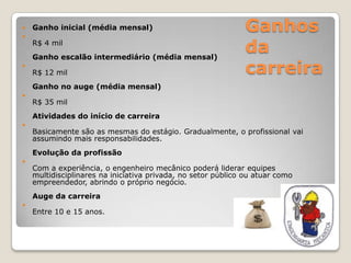 


Ganho inicial (média mensal)
R$ 4 mil
Ganho escalão intermediário (média mensal)



R$ 12 mil

Ganhos
da
carreira

Ganho no auge (média mensal)


R$ 35 mil
Atividades do início de carreira



Basicamente são as mesmas do estágio. Gradualmente, o profissional vai
assumindo mais responsabilidades.
Evolução da profissão



Com a experiência, o engenheiro mecânico poderá liderar equipes
multidisciplinares na iniciativa privada, no setor público ou atuar como
empreendedor, abrindo o próprio negócio.
Auge da carreira



Entre 10 e 15 anos.

 