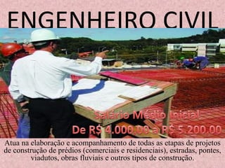 ENGENHEIRO CIVIL
Atua na elaboração e acompanhamento de todas as etapas de projetos
de construção de prédios (comerciais e residenciais), estradas, pontes,
viadutos, obras fluviais e outros tipos de construção.
 