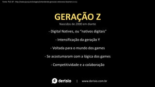 GERAÇÃO Z
Nascidos de 2000 em diante
- Digital Natives, ou “nativos digitais”
- Intensificação da geração Y
- Voltada para o mundo dos games
- Se acostumaram com a lógica dos games
- Competitividade e a colaboração
| www.derisio.com.br
Fonte: PUC-SP - http://www.pucsp.br/estagios/entendendo-geracoes-veteranos-boomers-x-e-y
 