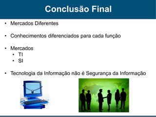 Conclusão Final
• Mercados Diferentes
• Conhecimentos diferenciados para cada função
• Mercados
• TI
• SI
• Tecnologia da Informação não é Segurança da Informação
 