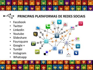 PRINCIPAIS PLATAFORMAS DE REDES SOCIAIS 
•Facebook 
•Twitter 
•Linkedin 
•Youtube 
•Slideshare 
•Foursquare 
•Google + 
•Tumblr 
•Instagram 
•Whatsapp  