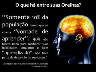 O que há entre suas Orelhas?

“Somente 10% da
população tem o que se
chama “vontade de

aprender”. 90% não
fazem nada para melhorar suas
habilidades enquanto o item
“aprendizado”           não fizer
parte da descrição do seu cargo.”
Estudo feito pela Harvard Business School publicado
                                 em Março de 2007.
 
