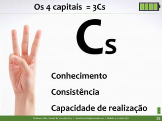 Professor MSc. Daniel de Carvalho Luz | daniel.luz2020@hotmail.com | Mobile 15 9 9126 5571 28
Os 4 capitais = 3Cs
s
Conhecimento
Consistência
Capacidade de realização
 