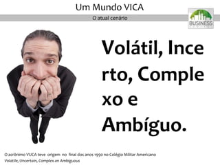O atual cenário
Um Mundo VICA
Volátil, Ince
rto, Comple
xo e
Ambíguo.
O acrônimo VUCA teve origem no final dos anos 1990 no Colégio Militar Americano
Volatile, Uncertain, Complex an Ambiguous
 