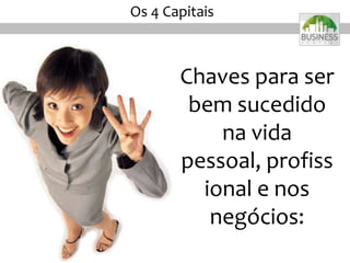 Os 4 Capitais
Chaves para ser
bem sucedido
na vida
pessoal, profiss
ional e nos
negócios:
 