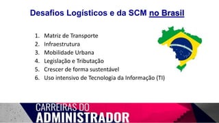 Desafios Logísticos e da SCM no Brasil
1. Matriz de Transporte
2. Infraestrutura
3. Mobilidade Urbana
4. Legislação e Tributação
5. Crescer de forma sustentável
6. Uso intensivo de Tecnologia da Informação (TI)
 