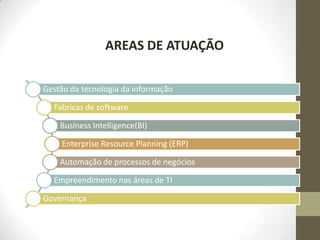 AREAS DE ATUAÇÃO
Gestão da tecnologia da informação
Fabricas de software
Business Intelligence(BI)
Enterprise Resource Planning (ERP)
Automação de processos de negócios
Empreendimento nas áreas de TI

Governança

 