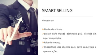 SMART SELLING
Vontade de:
Mudar de atitude;
Evoluir num mundo dominado pela internet em
super competição;
Falta de tempo;
Impaciência dos clientes para ouvir comerciais e
apresentações.
 