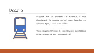Desafio
Imaginem que as empresas são comboios, e cada
departamento da empresa uma carruagem. Peço-lhes que
reflitam e digam, a vossa opinião sobre:
“Qual o departamento que é a locomotiva que puxa todas as
outras carruagens e faz o comboio avançar?”
 