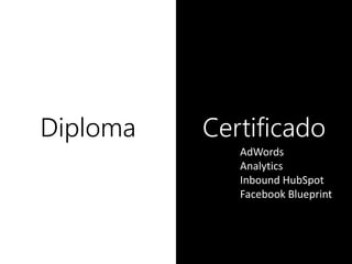 Diploma Certificado
AdWords
Analytics
Inbound HubSpot
Facebook Blueprint
 