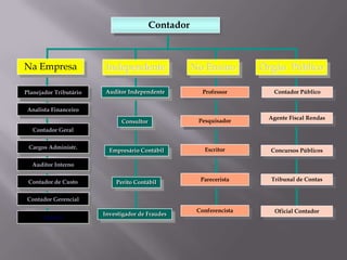   Contador  Na EmpresaNo EnsinoÓrgão  PúblicoIndependentePlanejador TributárioAuditor IndependenteProfessorContador PúblicoAnalista FinanceiroAgente Fiscal RendasPesquisadorConsultorContador GeralCargos Administr.EscritorEmpresário ContábilConcursos PúblicosAuditor InternoPareceristaTribunal de ContasContador de CustoPerito ContábilContador GerencialConferencistaOficial ContadorInvestigador de FraudesAtuário