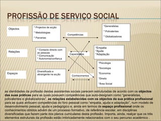 Objectos * Projectos de acção * Metodologias * Parcerias *Generalistas * Polivalentes * Globalizadoras *Psicologia *Sociologia *Economia *Direito *Área Social Relações Espaços as identidades da profissão destas assistentes sociais parecem estruturadas de acordo com os  objectos das suas práticas  para as quais possuem competências que auto-designam como “generalistas, polivalentes e globalizadoras”,  as relações estabelecidas com os objectos da sua prática profissional  para as quais atribuem competências do foro pessoal como “empatia, ajuda e adaptação”, num modelo de desenvolvimento pessoal, ajuda e pedagógico e, ainda em termos de  espaço profissional  onde os conhecimentos obtidos advém de um processo formativo, de referência escolar, em disciplinas diversificadas que fazem parte dos planos curriculares desta profissão. Importa, ainda, realçar que os três elementos estruturais da profissão estão imbricadamente relacionados com o seu percurso académico . Competências * Contacto directo com as pessoas * Comunica ç ão * Autonomia/confian ç a Capacidades *Empatia *Ajuda *Adapta ç ão Diversificado e abrangente na ac ç ão Conhecimentos 