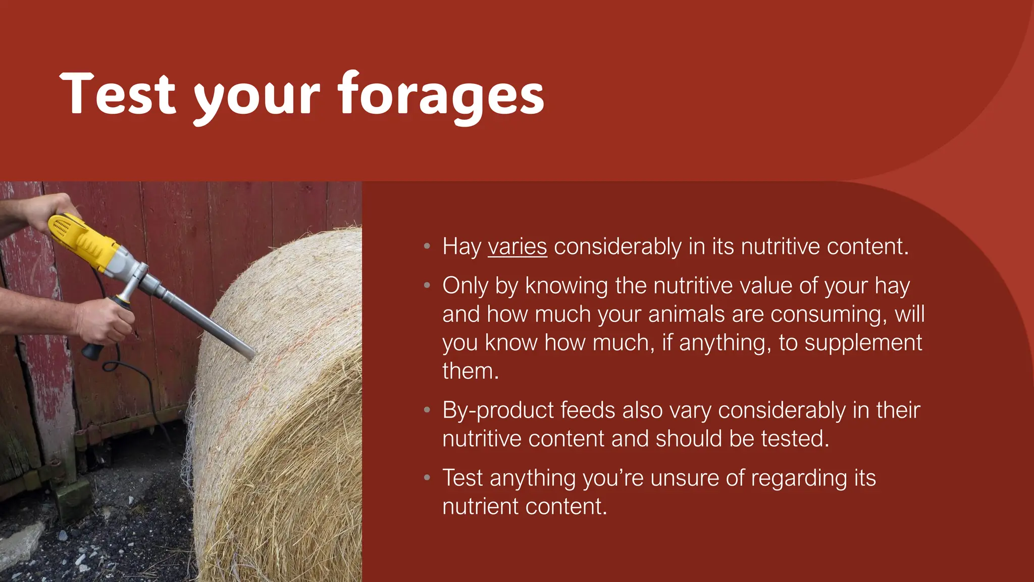 Test your forages
• Hay varies considerably in its nutritive content.
• Only by knowing the nutritive value of your hay
and how much your animals are consuming, will
you know how much, if anything, to supplement
them.
• By-product feeds also vary considerably in their
nutritive content and should be tested.
• Test anything you’re unsure of regarding its
nutrient content.
 