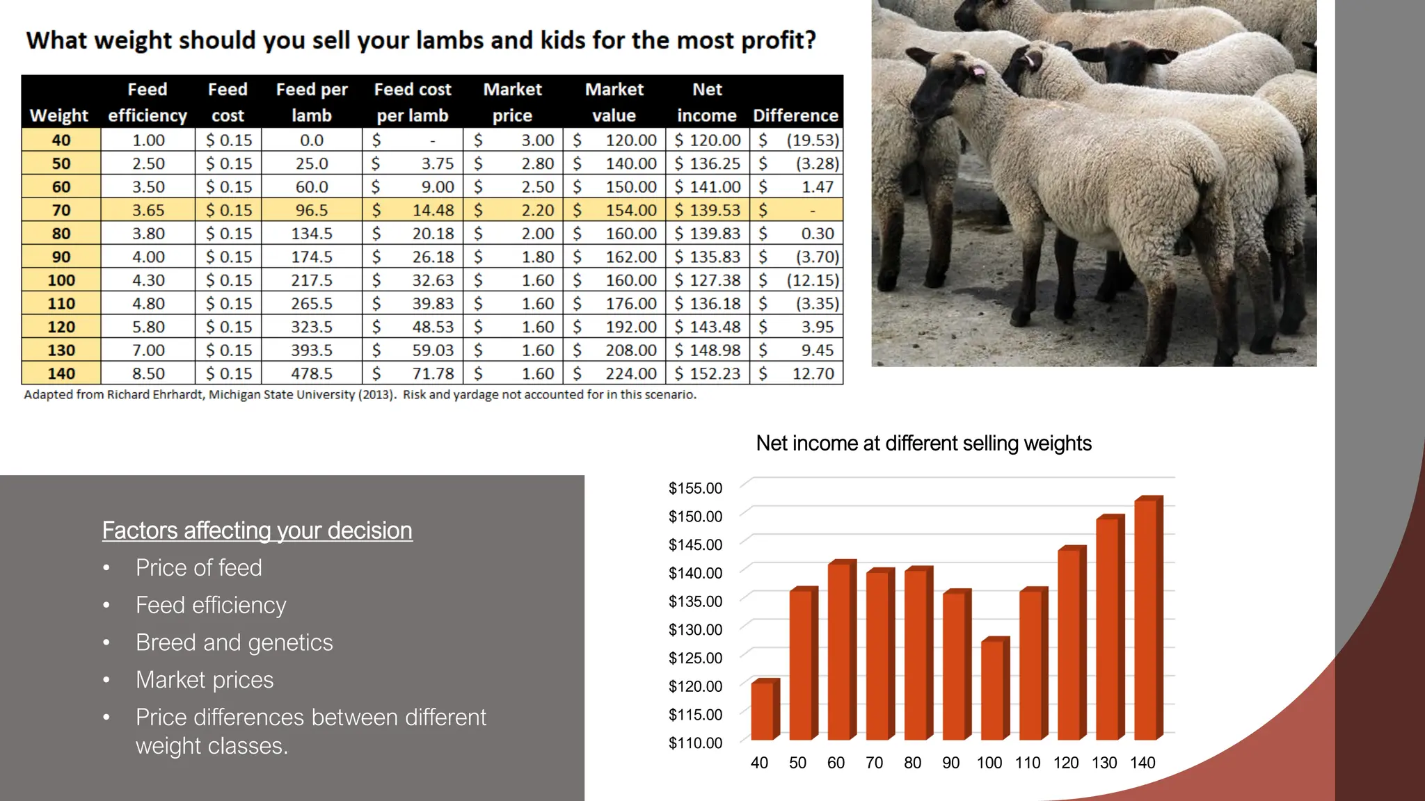 Factors affecting your decision
• Price of feed
• Feed efficiency
• Breed and genetics
• Market prices
• Price differences between different
weight classes. $110.00
$115.00
$120.00
$125.00
$130.00
$135.00
$140.00
$145.00
$150.00
$155.00
40 50 60 70 80 90 100 110 120 130 140
Net income at different selling weights
 