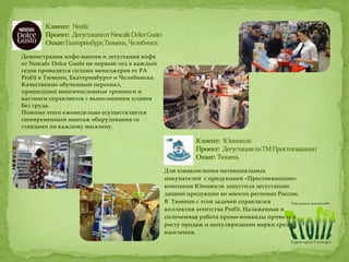 Демонстрация кофе-машин и дегустация кофе
от Nescafe Dolce Gusto не первый год в каждый
сезон проводятся силами менеджеров от РА
Profit в Тюмени, Екатеринбурге и Челябинске.
Качественно обученный персонал,
прошедший многочисленные тренинги и
кастинги справляется с выполнением планов
без труда.
Помимо этого еженедельно осуществляется
своевременный монтаж оборудования со
стендами по каждому магазину.
Для ознакомления потенциальных
покупателей с продукцией «Простоквашино»
компания Юнимилк запустила дегустацию
данной продукции во многих регионах России.
В Тюмени с этой задачей справлялся
коллектив агентства Profit. Налаженная и
сплоченная работа промо-команды привела к
росту продаж и популяризации марки среди
населения.
 