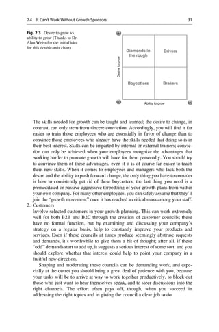 The skills needed for growth can be taught and learned; the desire to change, in
contrast, can only stem from sincere conviction. Accordingly, you will ﬁnd it far
easier to train those employees who are essentially in favor of change than to
convince those employees who already have the skills needed that doing so is in
their best interest. Skills can be imparted by internal or external trainers; convic-
tion can only be achieved when your employees recognize the advantages that
working harder to promote growth will have for them personally. You should try
to convince them of these advantages, even if it is of course far easier to teach
them new skills. When it comes to employees and managers who lack both the
desire and the ability to push forward change, the only thing you have to consider
is how to consistently get rid of these boycotters; the last thing you need is a
premeditated or passive-aggressive torpedoing of your growth plans from within
your own company. For many other employees, you can safely assume that they’ll
join the “growth movement” once it has reached a critical mass among your staff.
2. Customers
Involve selected customers in your growth planning. This can work extremely
well for both B2B and B2C through the creation of customer councils; these
have no formal function, but by examining and discussing your company’s
strategy on a regular basis, help to constantly improve your products and
services. Even if these councils at times produce seemingly abstruse requests
and demands, it’s worthwhile to give them a bit of thought; after all, if these
“odd” demands start to add up, it suggests a serious interest of some sort, and you
should explore whether that interest could help to point your company in a
fruitful new direction.
Shaping and moderating these councils can be demanding work, and espe-
cially at the outset you should bring a great deal of patience with you, because
your tasks will be to arrive at way to work together productively, to block out
those who just want to hear themselves speak, and to steer discussions into the
right channels. The effort often pays off, though, when you succeed in
addressing the right topics and in giving the council a clear job to do.
Diamonds in
the rough
Drivers
Boycotters Brakers
Ability to grow
Desiretogrow
Fig. 2.3 Desire to grow vs.
ability to grow (Thanks to Dr.
Alan Weiss for the initial idea
for this double-axis chart)
2.4 It Can’t Work Without Growth Sponsors 31
 