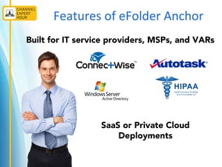 Features of eFolder Anchor
SaaS or Private Cloud
Deployments
Built for IT service providers, MSPs, and VARs
 