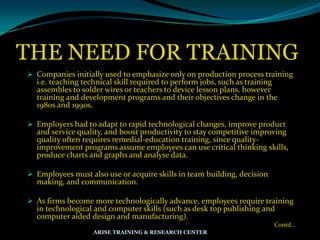 THE NEED FOR TRAINING
 Companies initially used to emphasize only on production process training
i.e. teaching technical skill required to perform jobs, such as training
assembles to solder wires or teachers to device lesson plans. however
training and development programs and their objectives change in the
1980s and 1990s.
 Employers had to adapt to rapid technological changes, improve product
and service quality, and boost productivity to stay competitive improving
quality often requires remedial-education training, since quality-
improvement programs assume employees can use critical thinking skills,
produce charts and graphs and analyse data.
 Employees must also use or acquire skills in team building, decision
making, and communication.
 As firms become more technologically advance, employees require training
in technological and computer skills (such as desk top publishing and
computer aided design and manufacturing).
Contd…
ARISE TRAINING & RESEARCH CENTER
 