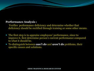 Performance Analysis :
Verifies performance deficiency and determine whether that
deficiency should be rectified through training or some other means.
 The first step is to appraise employees‟ performance, since to
improve it, first determine person‟s current performance compared
to what it should be.
 To distinguish between can’t do and won’t do problems, their
specific causes and solutions.
ARISE TRAINING & RESEARCH CENTER
 