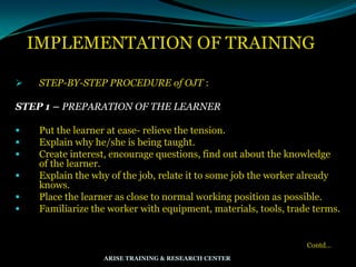 IMPLEMENTATION OF TRAINING
 STEP-BY-STEP PROCEDURE of OJT :
STEP 1 – PREPARATION OF THE LEARNER
 Put the learner at ease- relieve the tension.
 Explain why he/she is being taught.
 Create interest, encourage questions, find out about the knowledge
of the learner.
 Explain the why of the job, relate it to some job the worker already
knows.
 Place the learner as close to normal working position as possible.
 Familiarize the worker with equipment, materials, tools, trade terms.
Contd…
ARISE TRAINING & RESEARCH CENTER
 