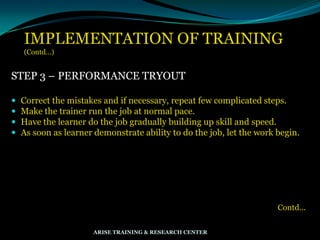 IMPLEMENTATION OF TRAINING
(Contd…)
STEP 3 – PERFORMANCE TRYOUT
 Correct the mistakes and if necessary, repeat few complicated steps.
 Make the trainer run the job at normal pace.
 Have the learner do the job gradually building up skill and speed.
 As soon as learner demonstrate ability to do the job, let the work begin.
Contd...
ARISE TRAINING & RESEARCH CENTER
 