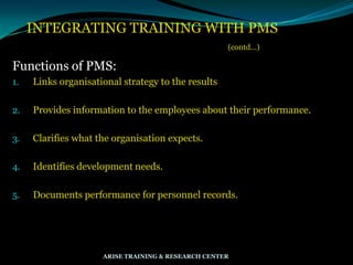 INTEGRATING TRAINING WITH PMS
(contd…)
Functions of PMS:
1. Links organisational strategy to the results
2. Provides information to the employees about their performance.
3. Clarifies what the organisation expects.
4. Identifies development needs.
5. Documents performance for personnel records.
ARISE TRAINING & RESEARCH CENTER
 