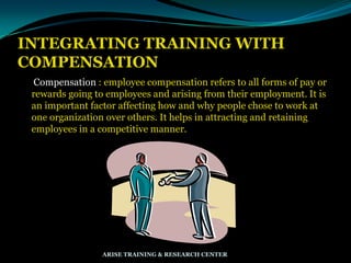 INTEGRATING TRAINING WITH
COMPENSATION
Compensation : employee compensation refers to all forms of pay or
rewards going to employees and arising from their employment. It is
an important factor affecting how and why people chose to work at
one organization over others. It helps in attracting and retaining
employees in a competitive manner.
ARISE TRAINING & RESEARCH CENTER
 