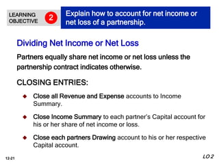 12-21
Partners equally share net income or net loss unless the
partnership contract indicates otherwise.
CLOSING ENTRIES:
 Close all Revenue and Expense accounts to Income
Summary.
 Close Income Summary to each partner’s Capital account for
his or her share of net income or loss.
 Close each partners Drawing account to his or her respective
Capital account.
Dividing Net Income or Net Loss
LEARNING
OBJECTIVE
Explain how to account for net income or
net loss of a partnership.
2
LO 2
 
