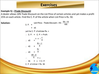Example 5) : (Trade Discount)
A dealer allows 10% Trade Discount on the List Price of certain articles and yet makes a profit
25% on each article. Find the C. P. of the article when List Price is Rs. 50.
Solution:
Exercises
 