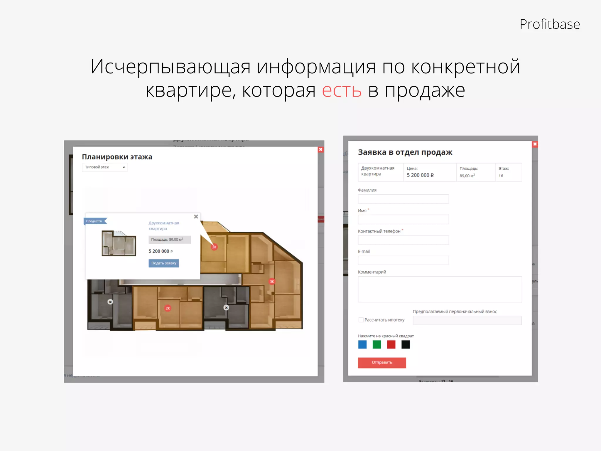 Исчерпывающая информация по конкретной
квартире, которая есть в продаже
Proﬁtbase
 