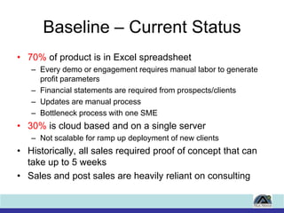 Baseline – Current Status<br />70% of product is in Excel spreadsheet<br />Every demo or engagement requires manual labor ...