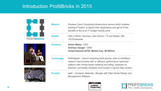 2
Introduction ProfitBricks in 2015
Mission Painless Cloud Computing Infrastructure service which enables
existing IT teams, to deploy their applications and get all of the
benefits of the at an IT budget friendly price.
Details HQs in Berlin, Germany, San Antonio, TX and Boston, MA
135 Employees
Investors Achim Weiss –CEO
Andreas Gauger –CMO
United Internet (UTDI: Market Cap: $8 Billion)
Technology KVM Based – Cloud Computing IaaS service, built on InfiniBand
network interconnects with an efficient, performance optimized
platform with minute based metering and billing, deployed on
premium commodity hardware and housed in top-tier data centers.
Product IaaS – Compute, Networks, Storage with Data Center Design and
Management Software
 
